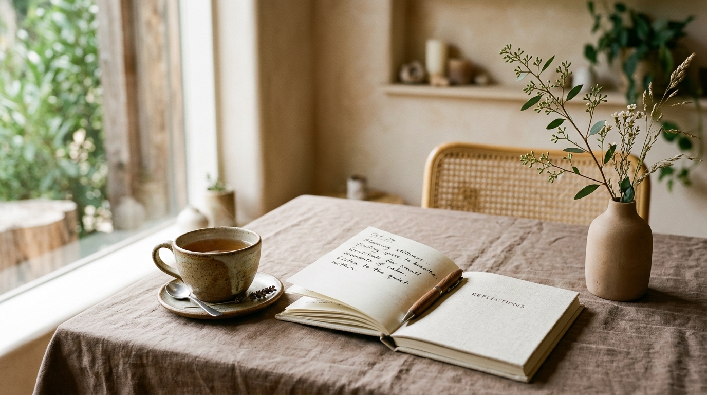 A calm, reflective therapy desk with linen notebook, ceramic tea cup and delicate botanical branch