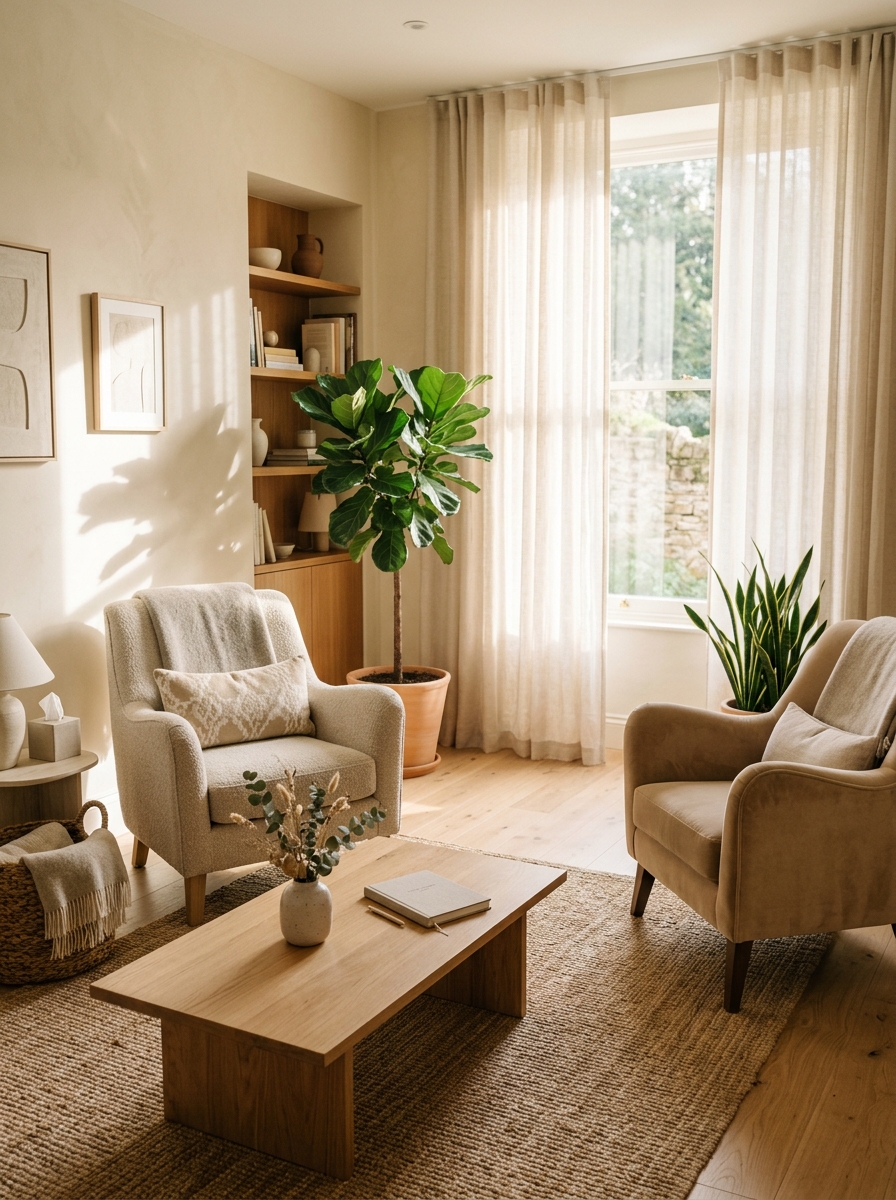 Warm and peaceful consulting room at Eliana Psychology and Wellness with natural light and comfortable seating